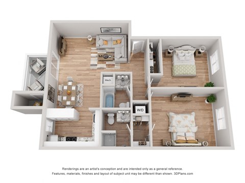 Floor plan for 2 beds, 2 baths, 978 sqft